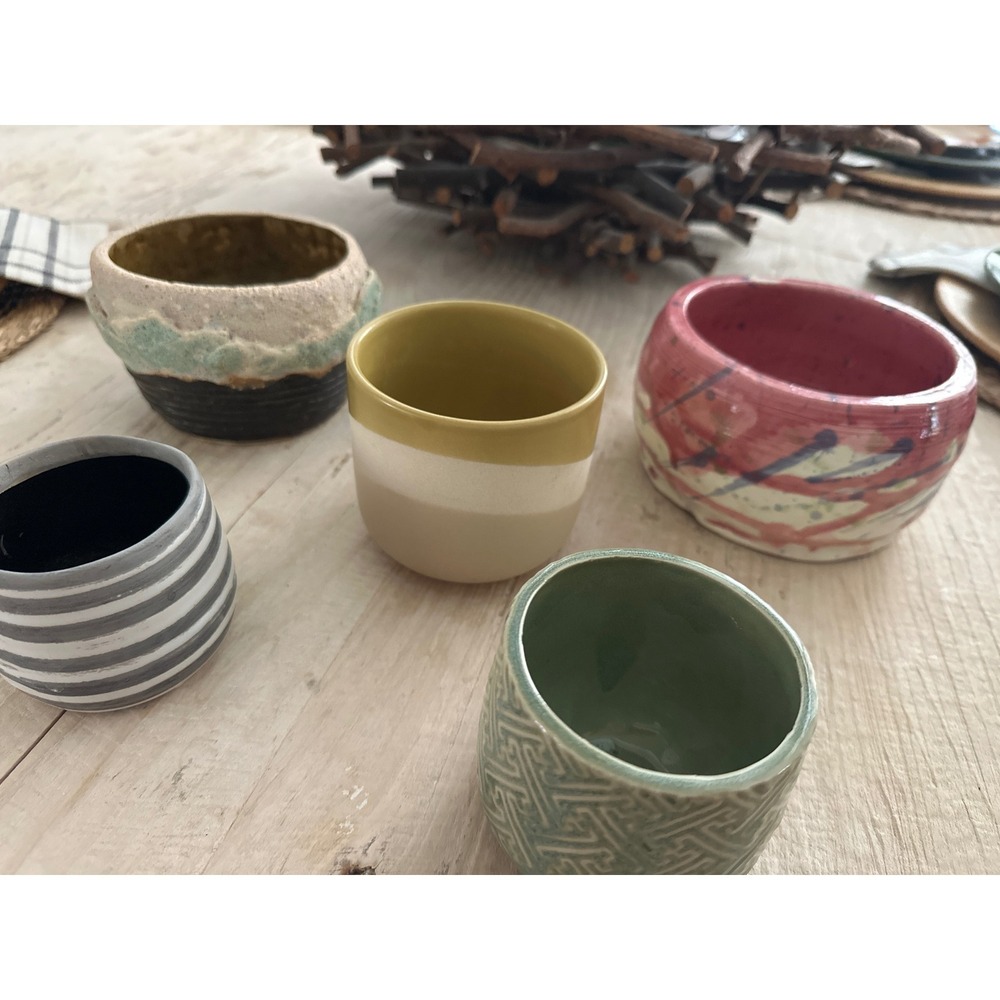 Set of‎ 5 Assorted Artisan Ceramic Bowls Cups and Planters Multi-Color Textured